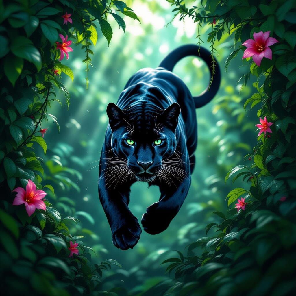 Black Panther Leaping Through Jungle Canopy