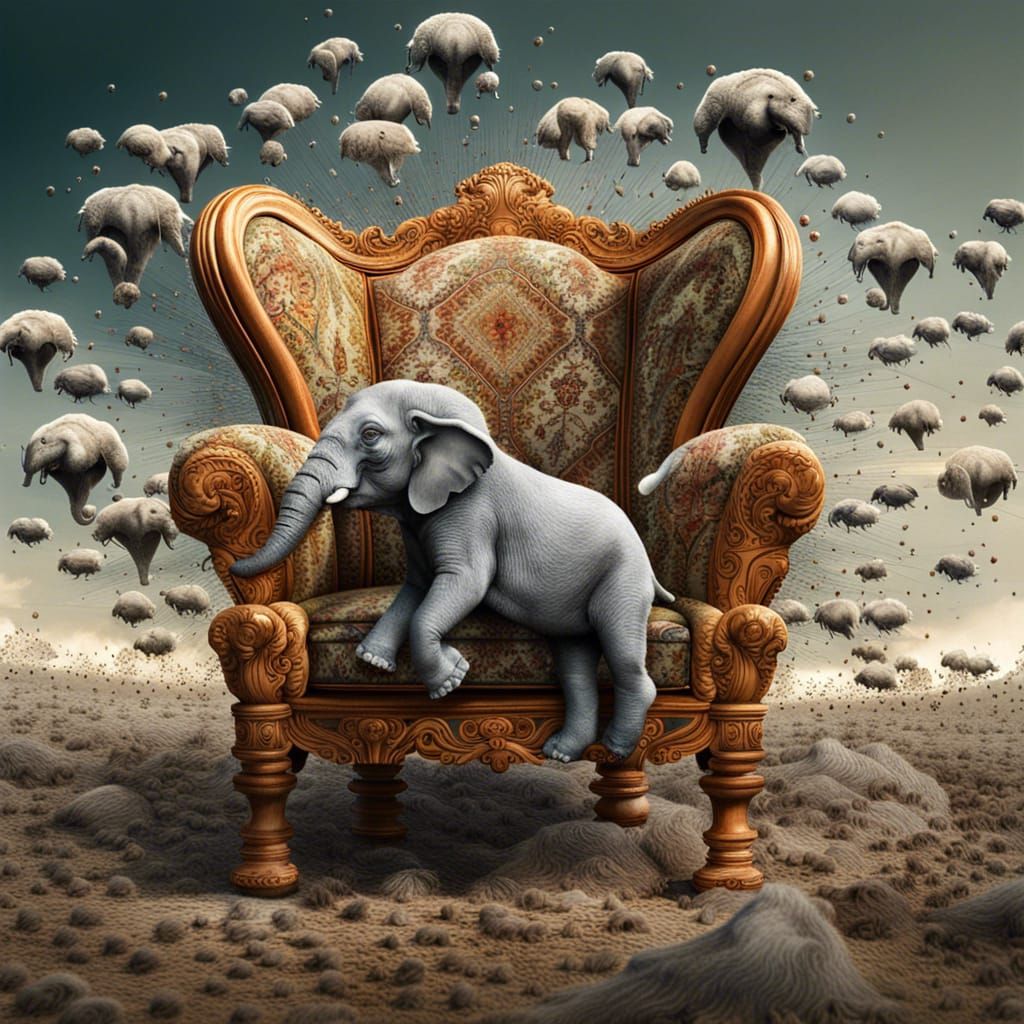 Surreal Furry Chair Explosion with Flying Elephants