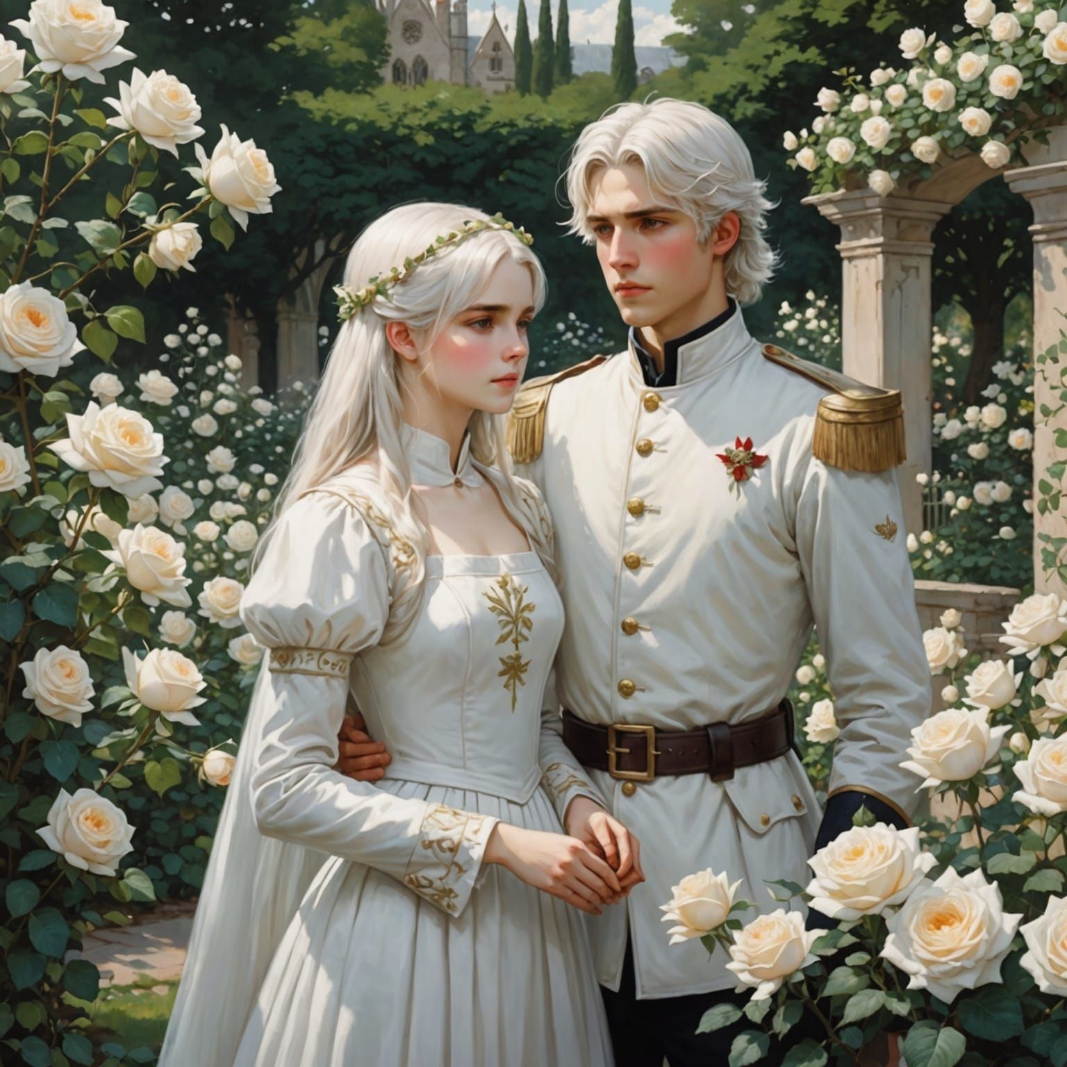 Anime Siblings in White Rose Garden, Waterhouse Style
