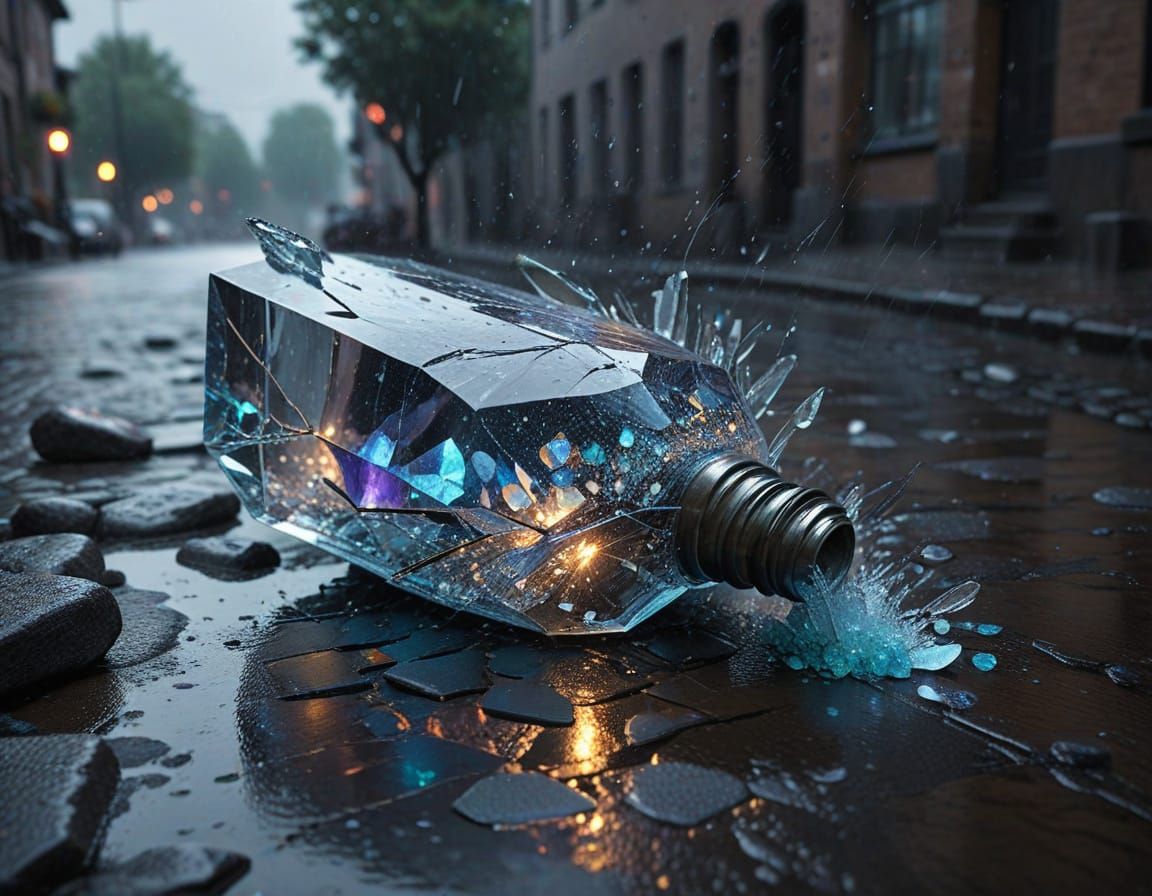 Shattered Crystal Vase in Lightning Storm