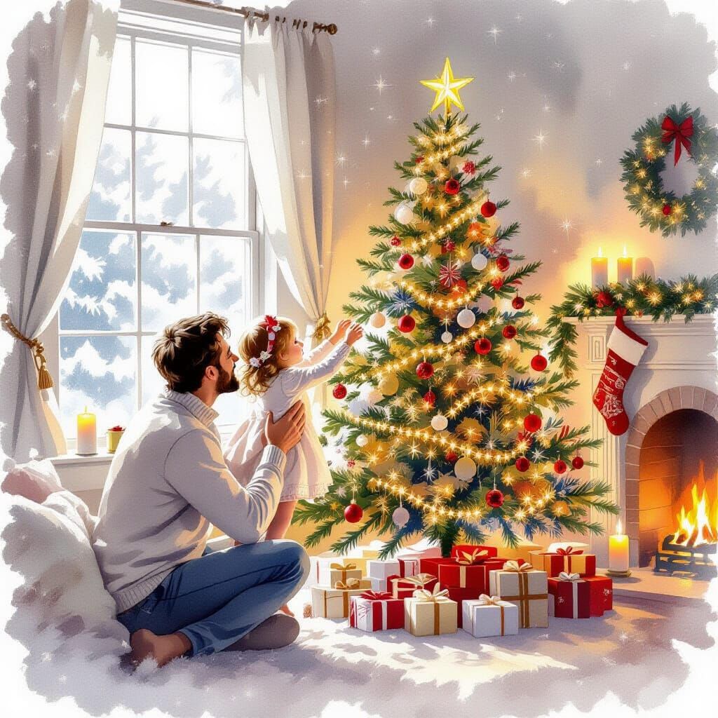 Father and Daughter Decorate Christmas Tree in Watercolor