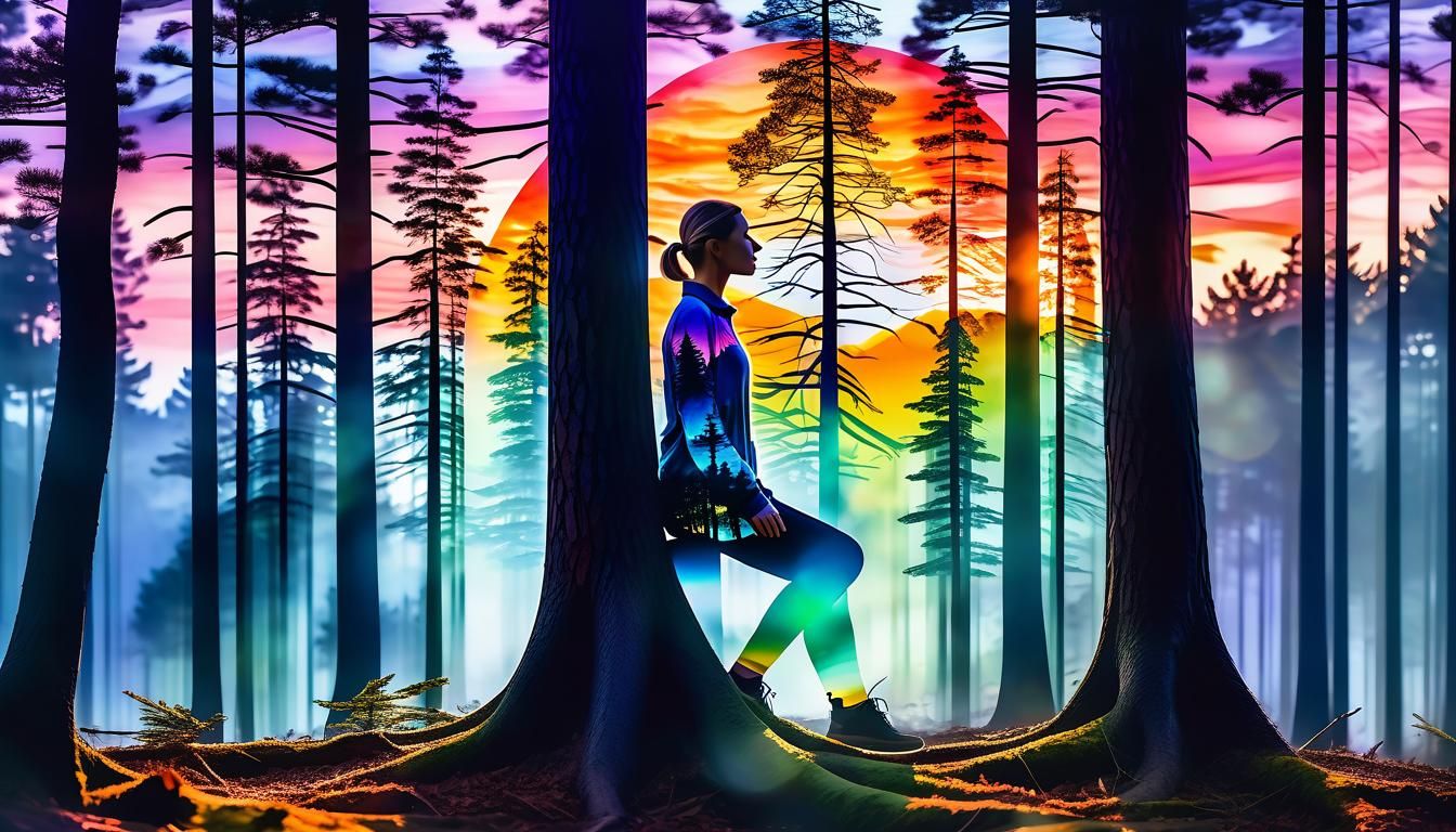 Watercolor Silhouette: Woman in Forest at Sunset