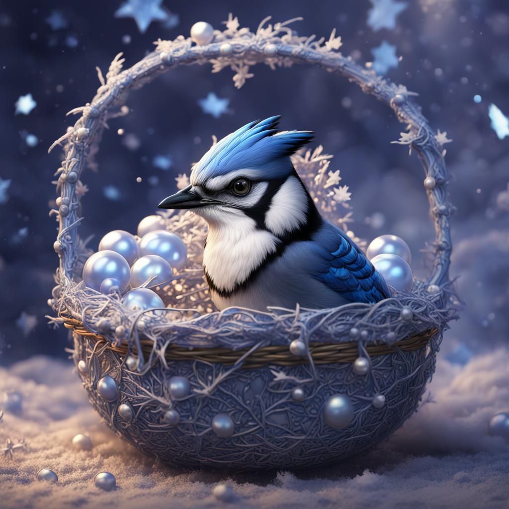 Intricate Blue Jay in Pearl Nest: Fantasy Concept Art