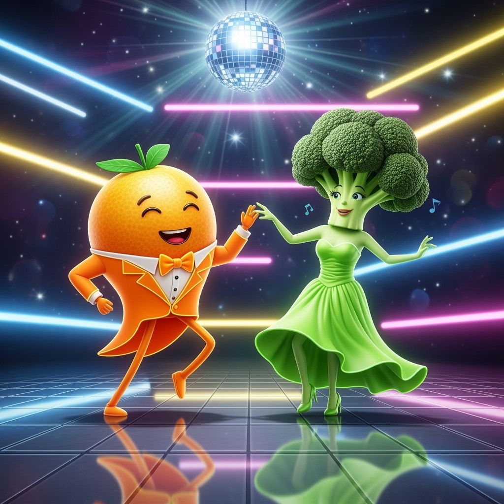Orange and Broccoli Disco Dance in Neon Lights