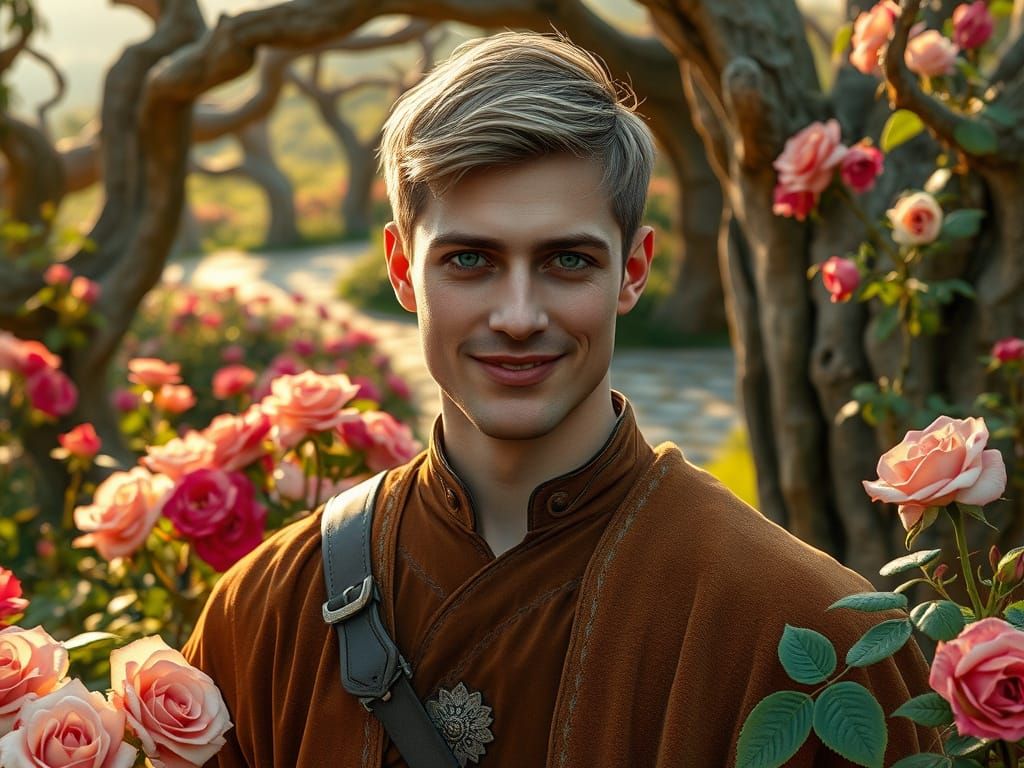 Medieval Prince in Enchanted Garden with Roses