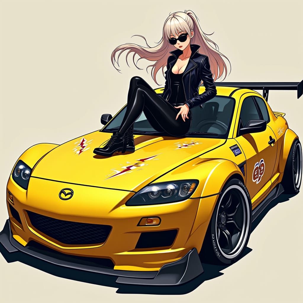 Anime Girl on Modified Mazda RX-8 in Sorayama Style