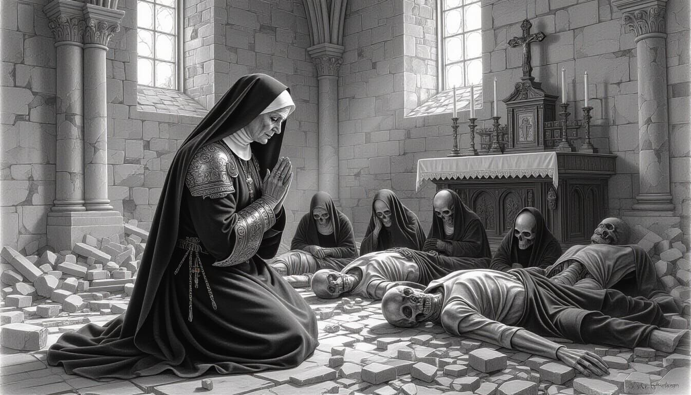 Battle-Scarred Nun Kneels in Ruined Church Charcoal Drawing