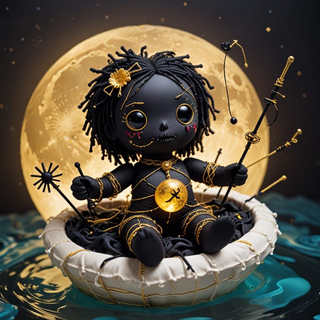 Whimsical Black Voodoo Doll in Golden Whirlpool