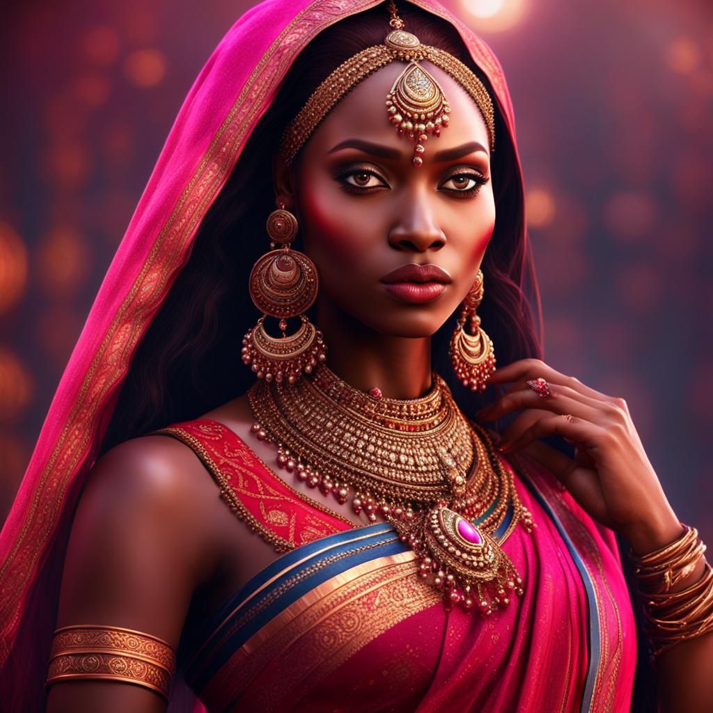 Beautiful African Warrior Woman in Royal Pink Saree