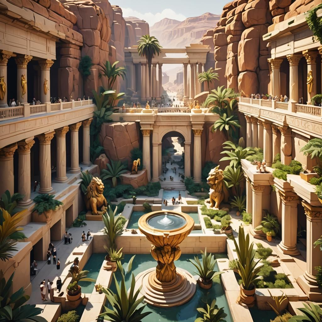 Low Poly Desert Bathhouse with Phoenix Statue