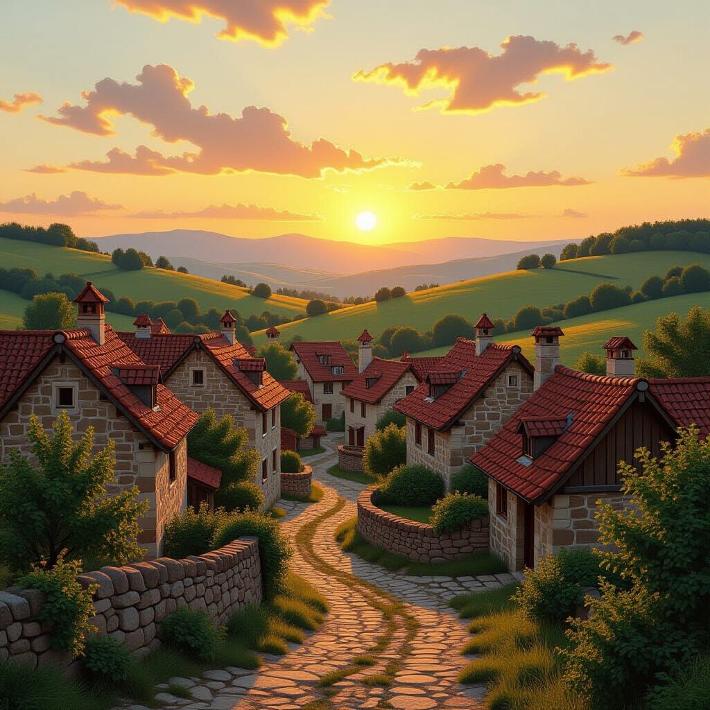 Medieval Town in Golden Light, Romantic Landscape Art