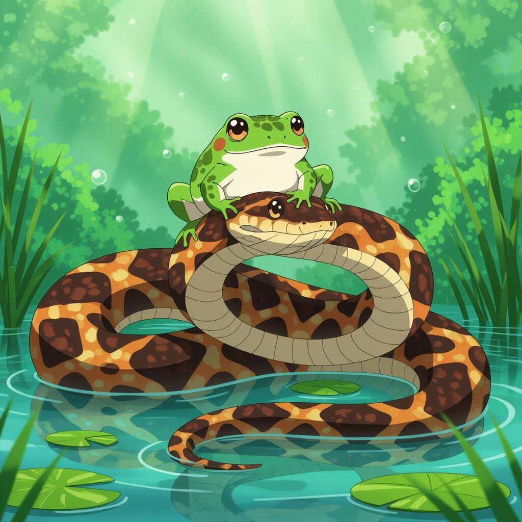 Anime Style Frog Rides Snake