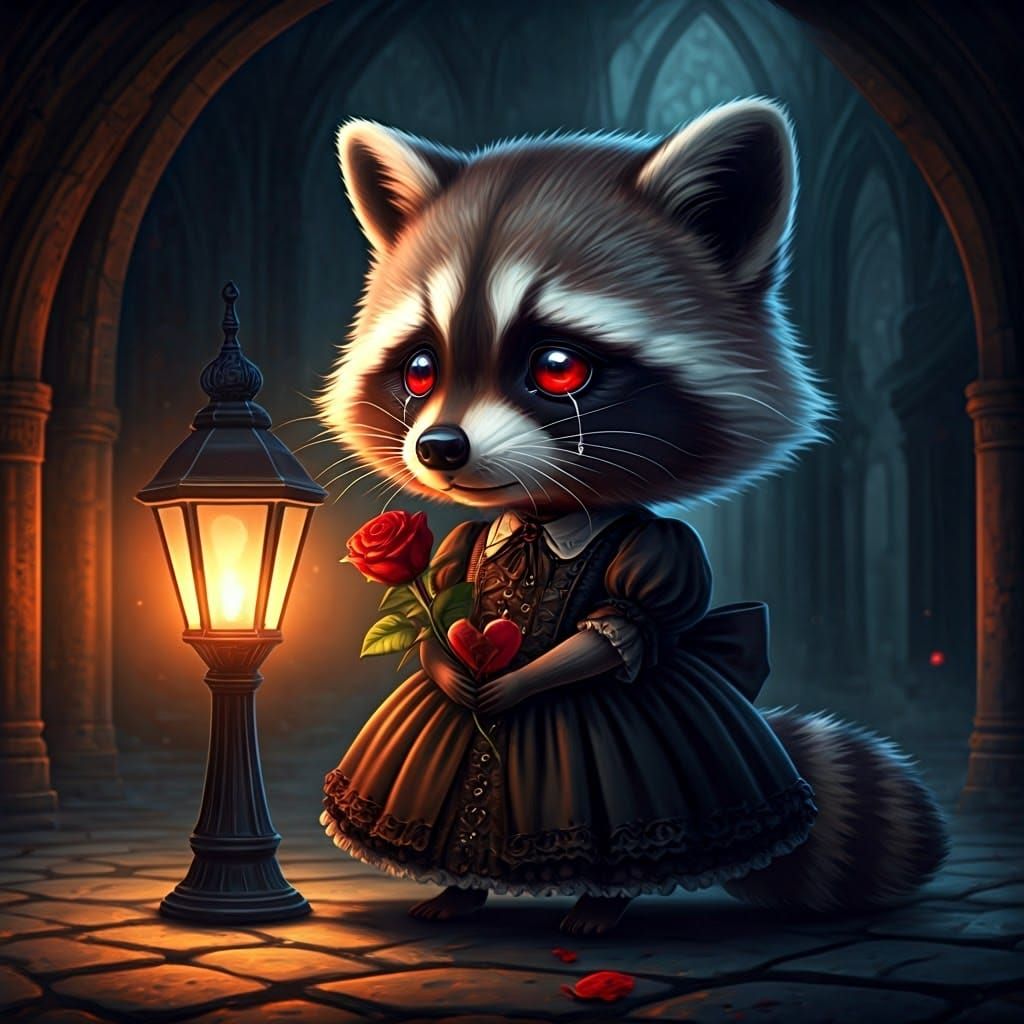 Chibi Raccoon with Broken Heart, Digital Matte Painting