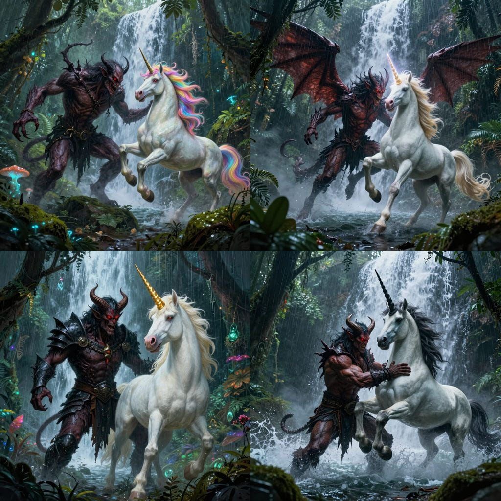 Demon Versus Unicorn Devil Under Rainforest Waterfall