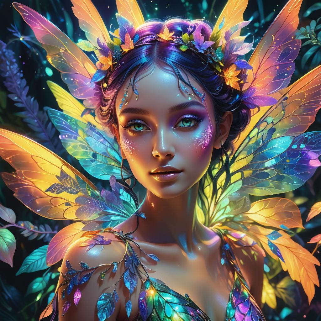 Fairy with Iridescent Wings in Fluorescent Hues