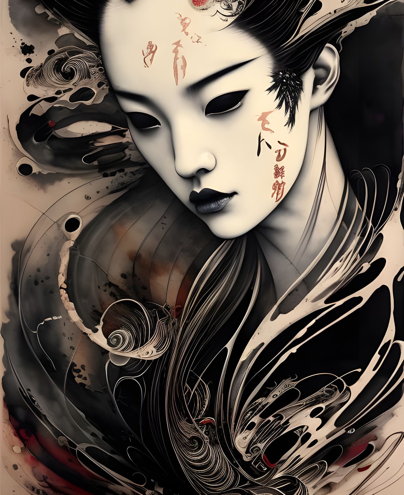 Intricate Geisha in Flowing Black Ink