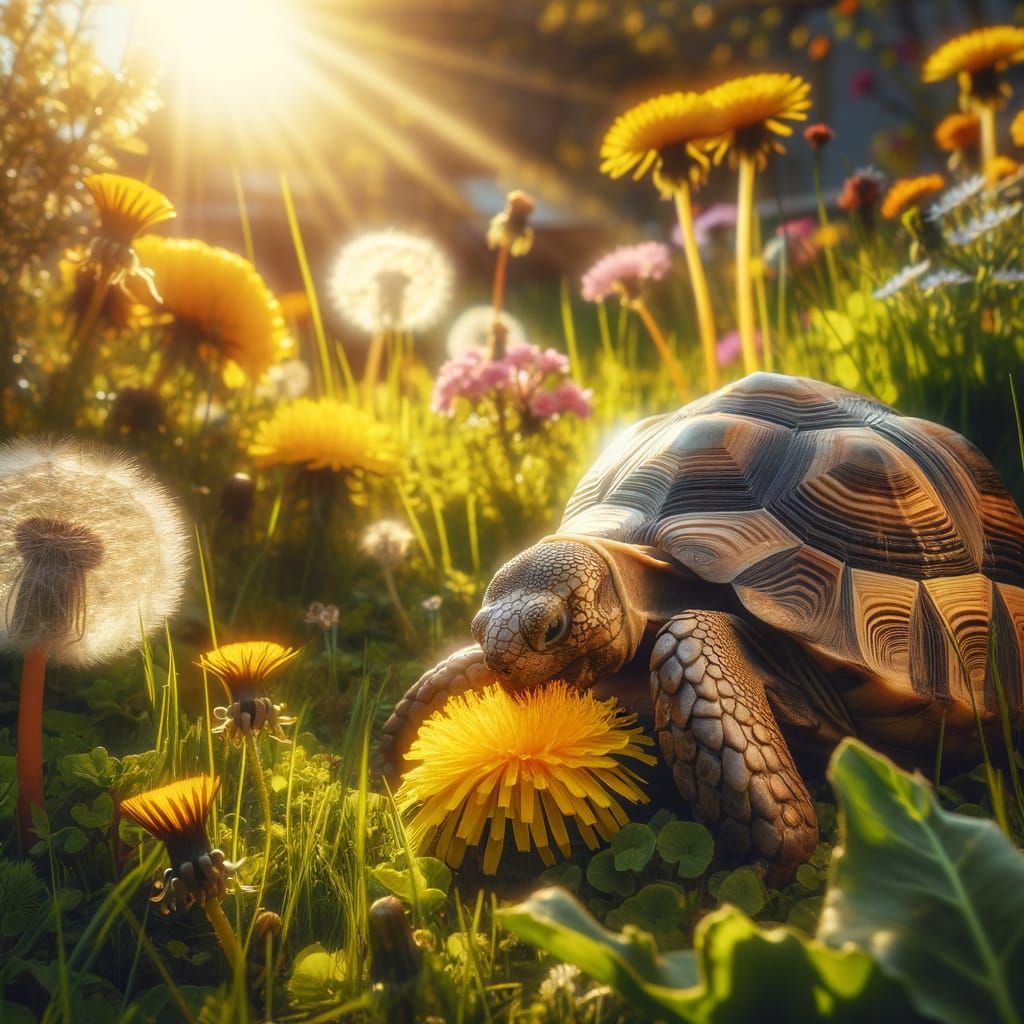 Greek Tortoise Basks in Sunshine, Snacking on Blooming Dande...