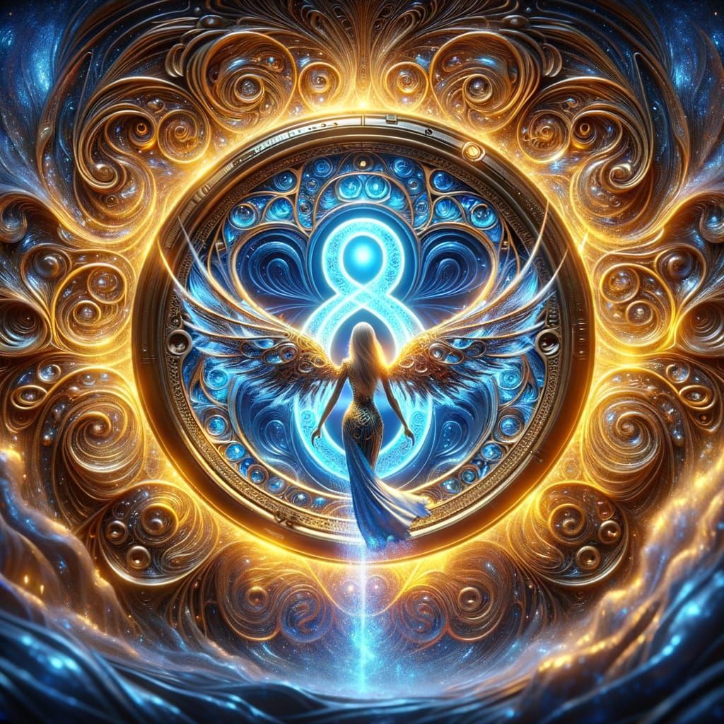 Golden Liquid Metal Portal with Radiant Blue Light and Winge...