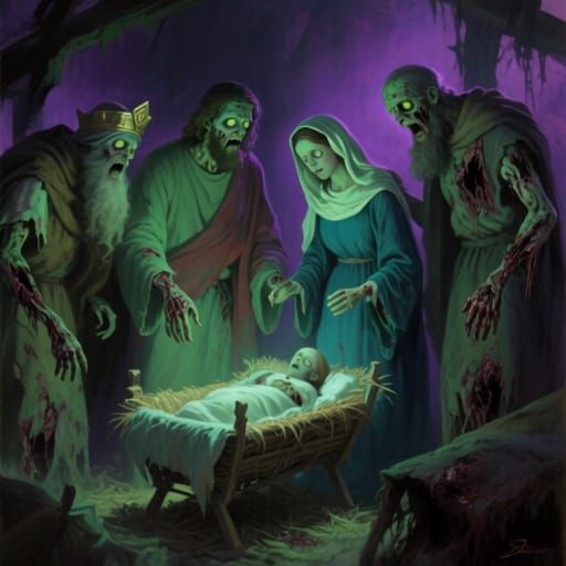 Zombie Nativity Scene in Surreal Oil Painting Style