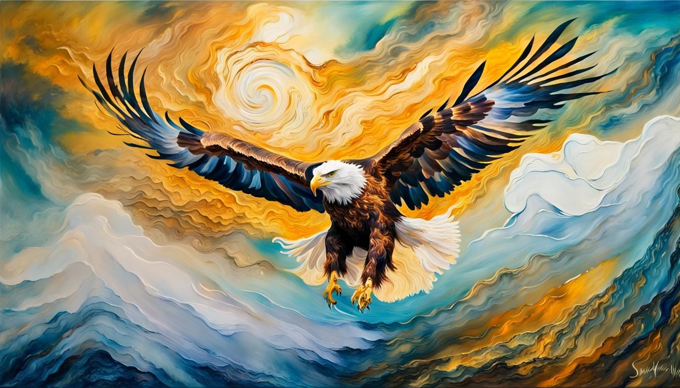 Eagle Soaring in Impressionist Landscape with Golden Light