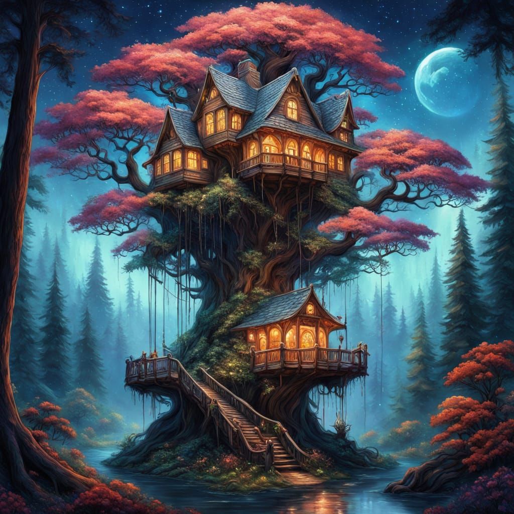 Whimsical Fantasy Woodland with Enchanted Treehouse