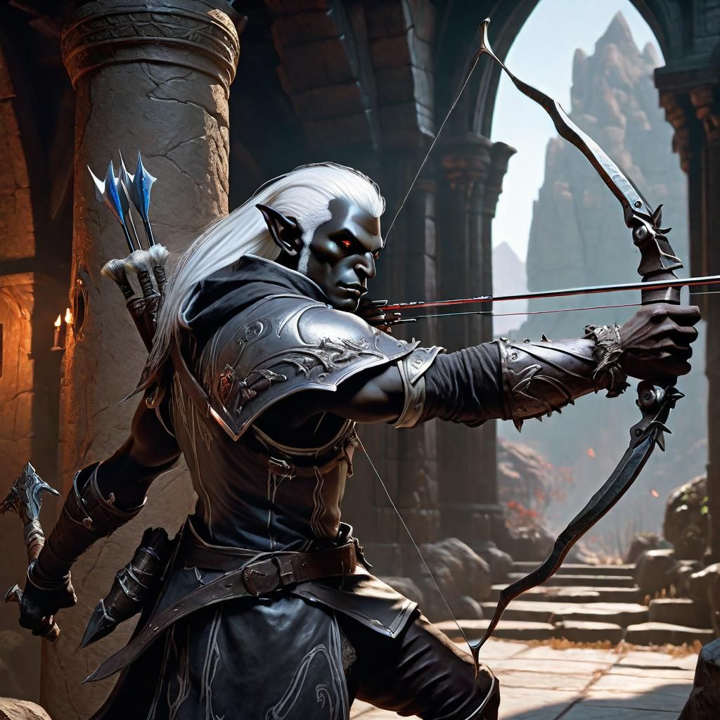 Dark Elf Archer in Dungeon, Digital Art