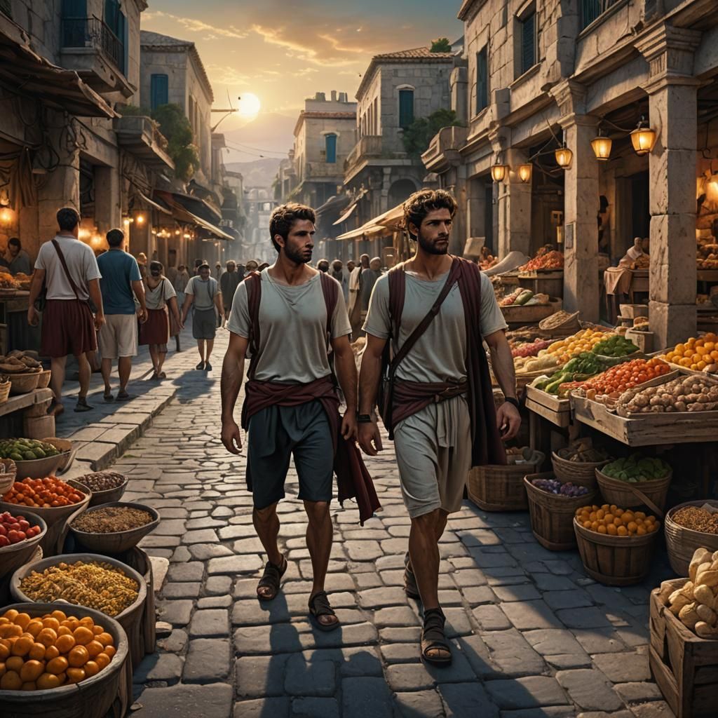 Ancient Greece Agora at Sunset: Photorealistic Market Scene