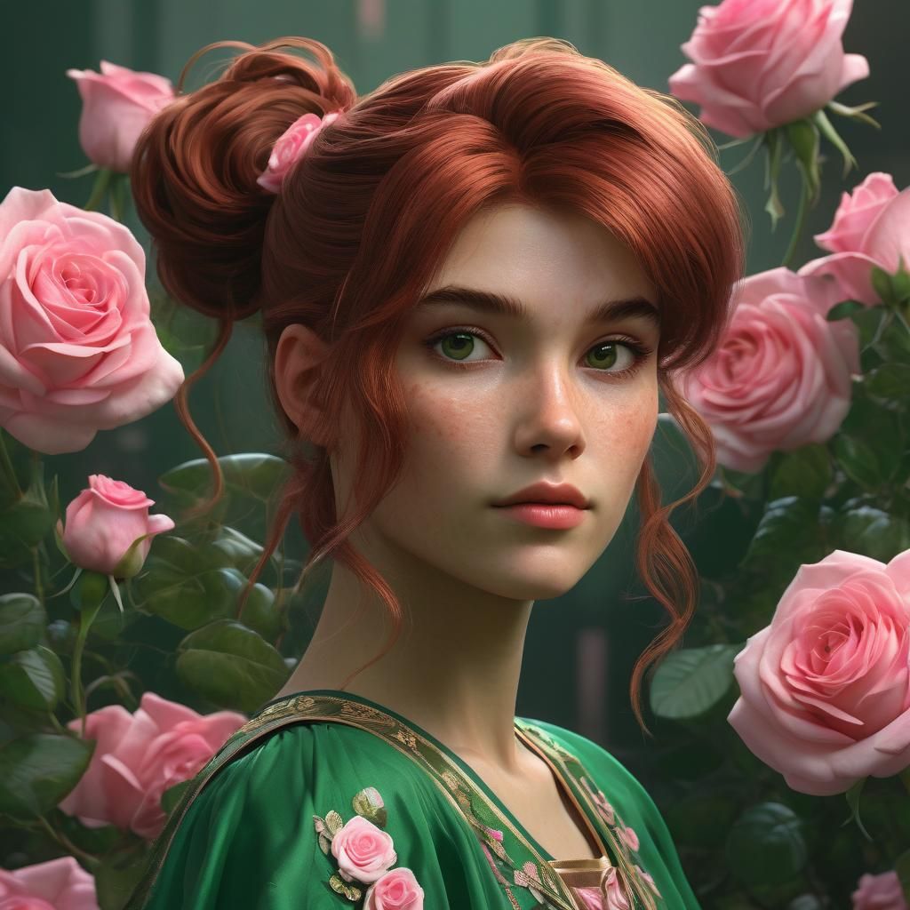 Sailor Jupiter (auburn hair in pony-tail) wearing green gown...