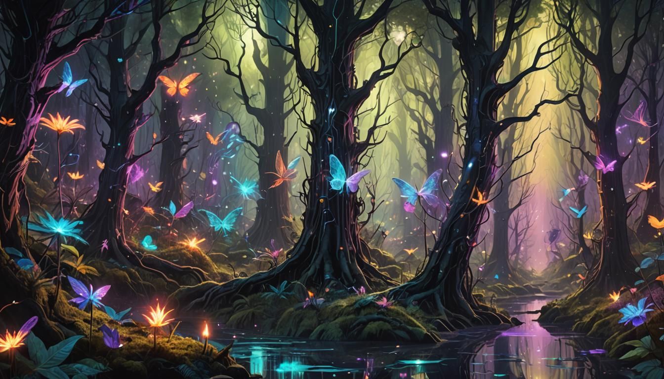 Cyberpunk Fairies in a Bioluminescent Forest