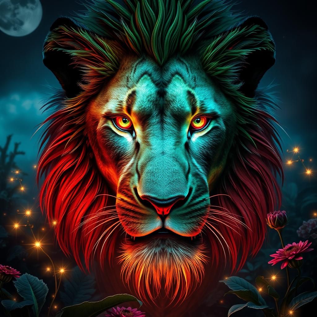 Vegetable Lion Face in Moonlit Garden: Digital Art