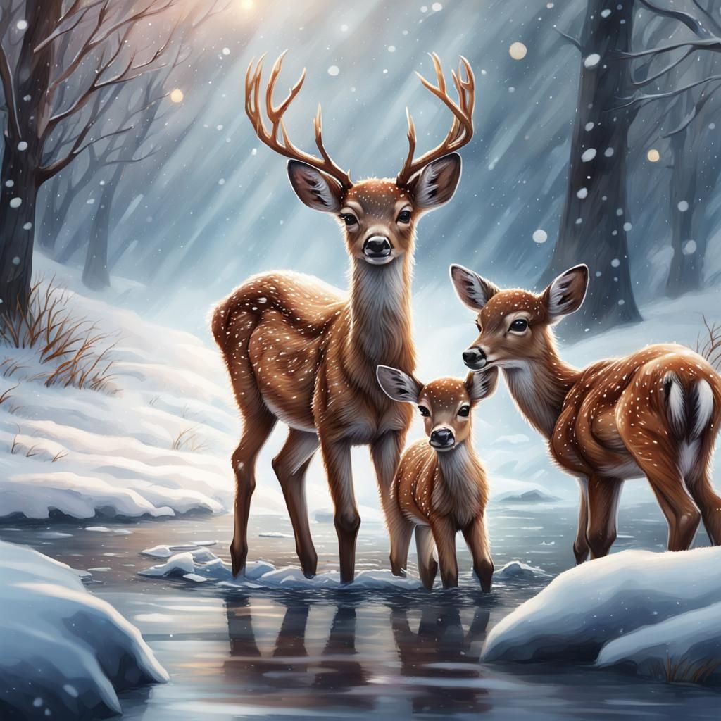 Baby Deer in Winter Watercolor Scene