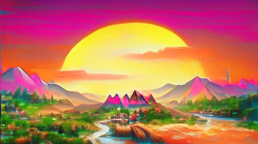 Retrowave Sunset Over Mountain River Town