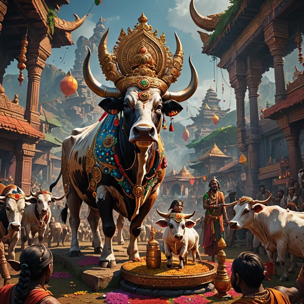 Cow and Calf Worship: Vasu Baras Festival Art