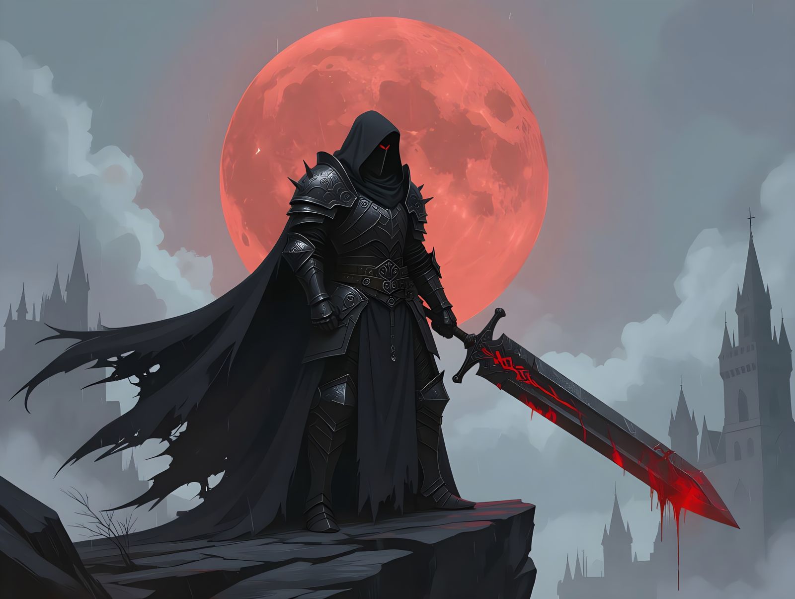 Dark Fantasy Knight Silhouetted Against Crimson Moon
