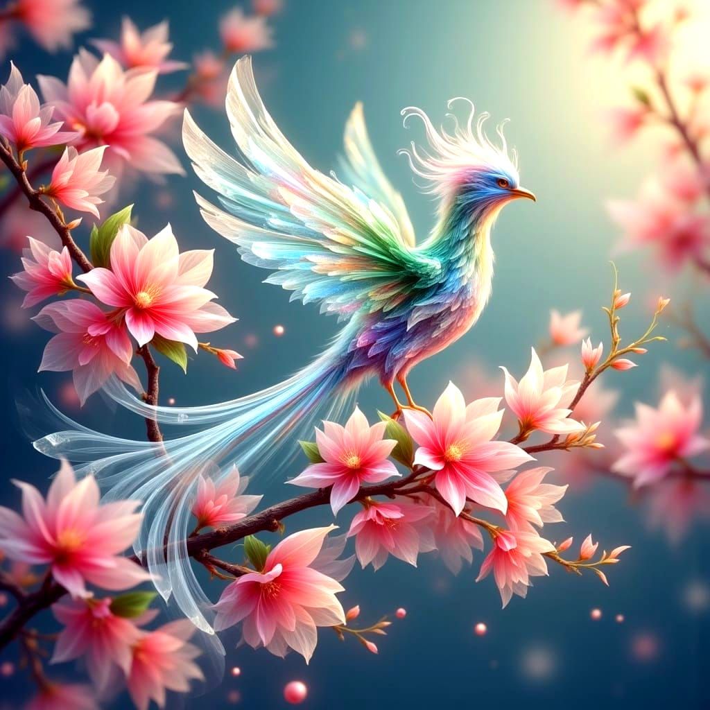 Ethereal Crystal Bird Perched in a Fantastical Gemstone Gard...