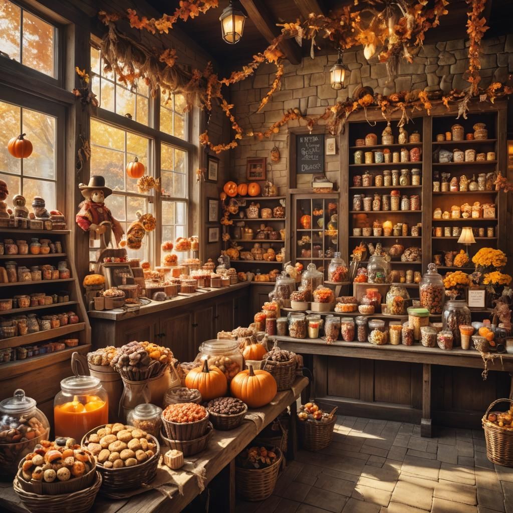 Cozy Rustic Candy Shop Interior in Autumnal Colors
