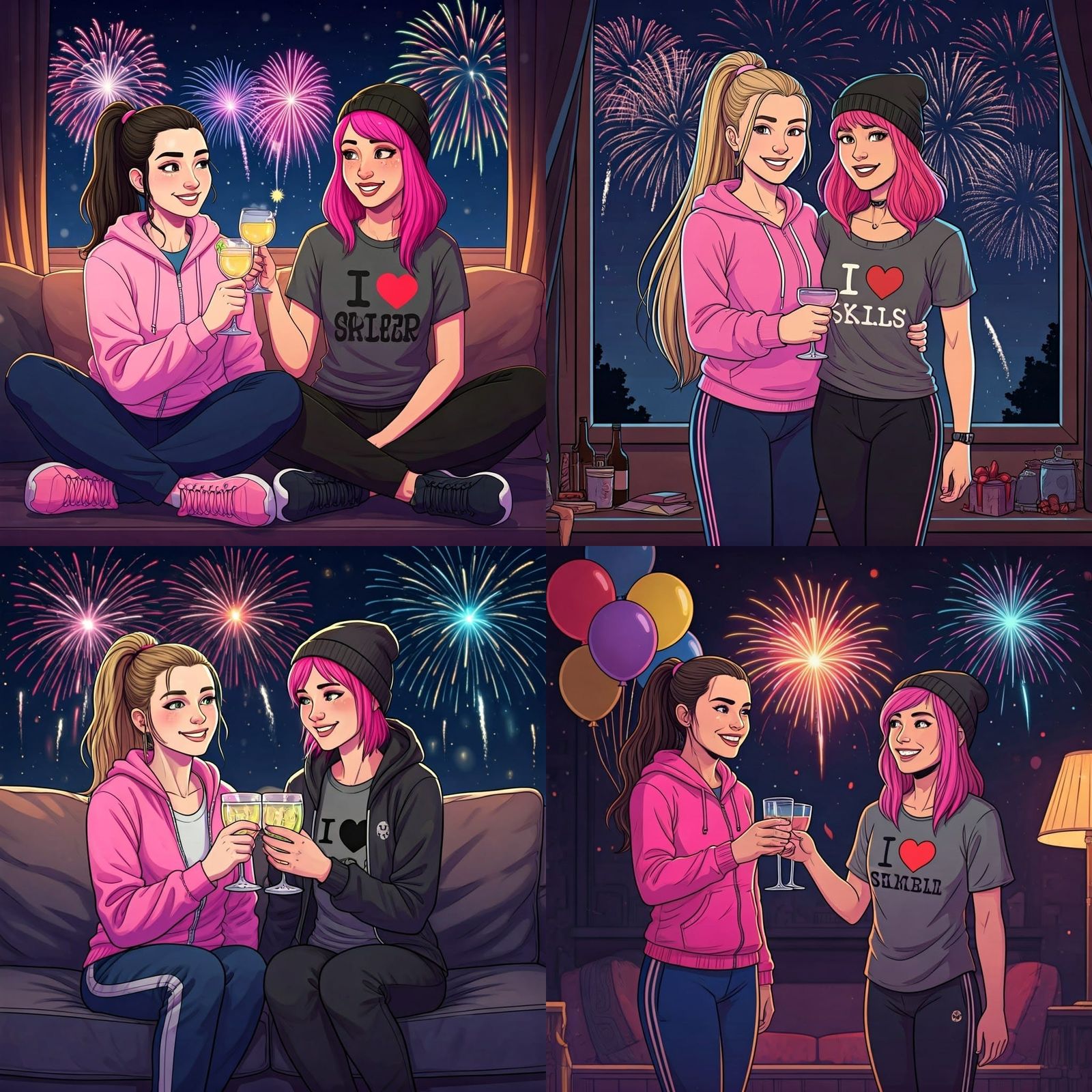 Girls Celebrate New Year's Eve with Sparkling Drinks and Fir...