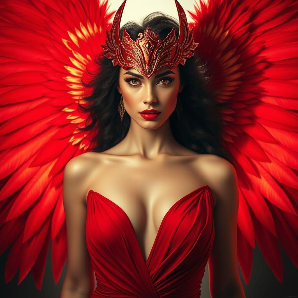 gorgeous woman in red dress, feathered red gold wings, sharp...