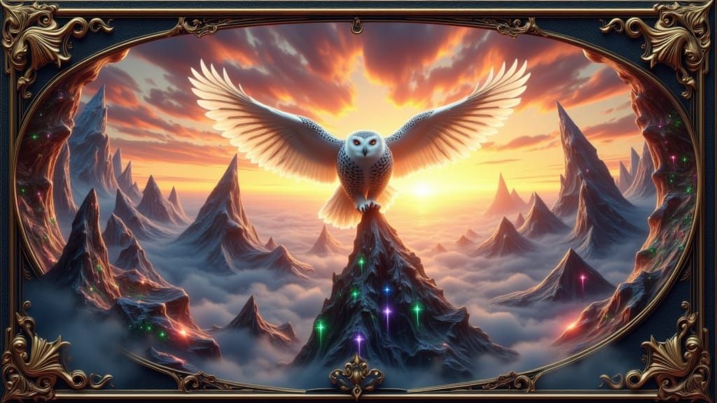 Majestic Snowy Owl in a Realm of Arcane Cards