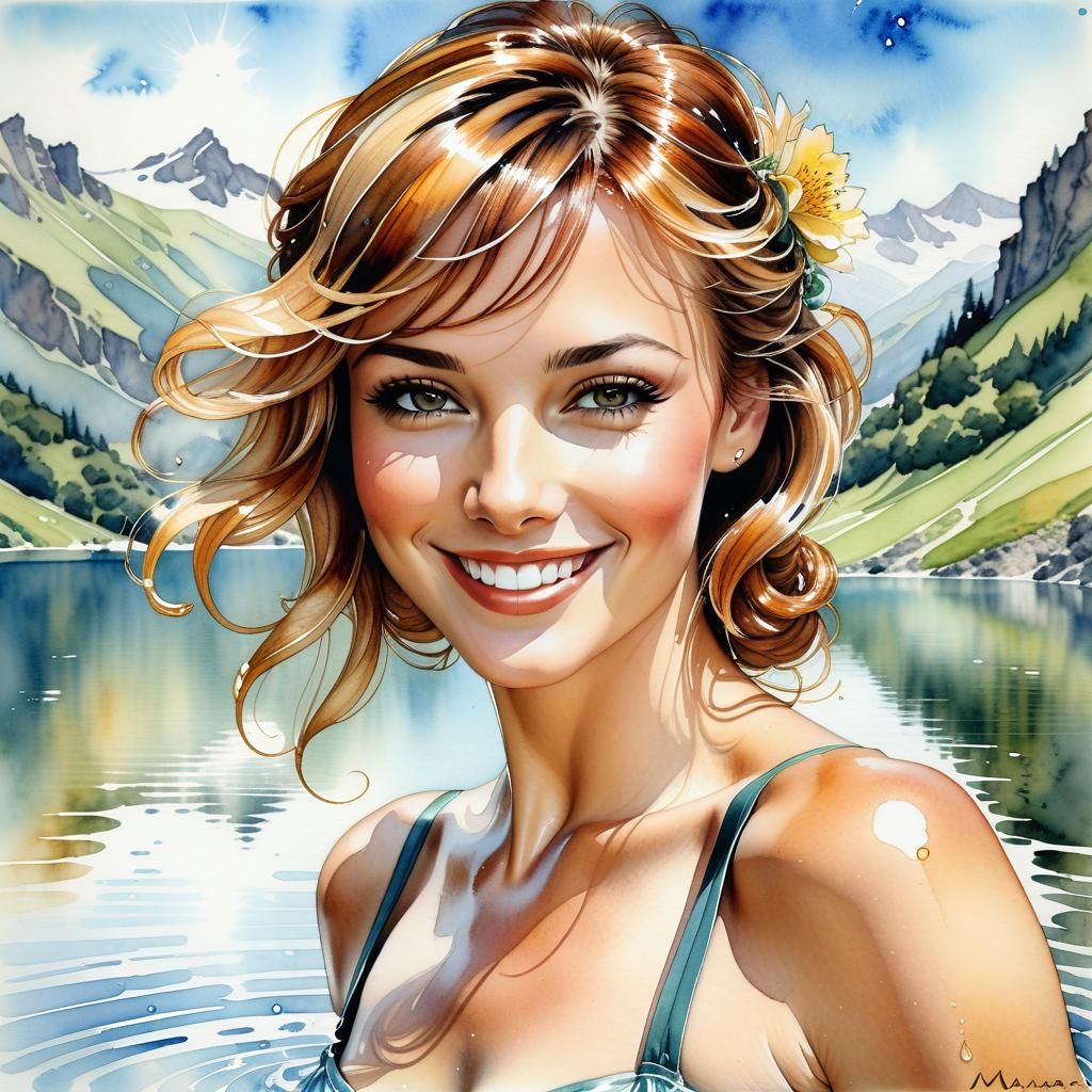 Swiss beauty bathing in a mountain lake