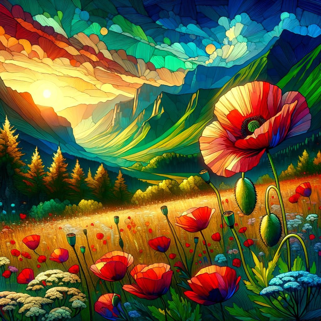 Poppy Flower Sunset Over Mountains in Stained Glass Style