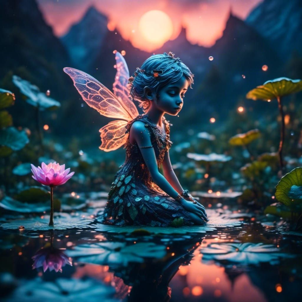Macro Fairy on Lily Pads in Morning Light