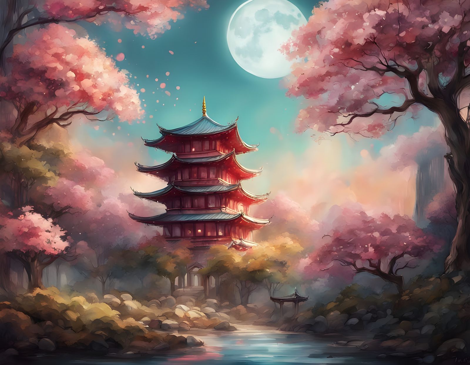 Asian Cherry Blossom Landscape Under Cherry Moon