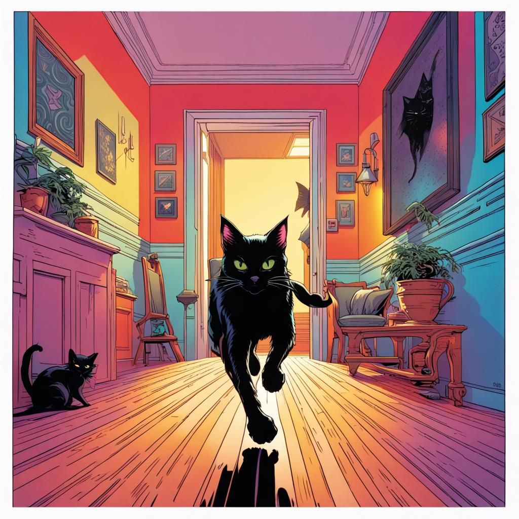 Playful Black Cat in Comic Book Style