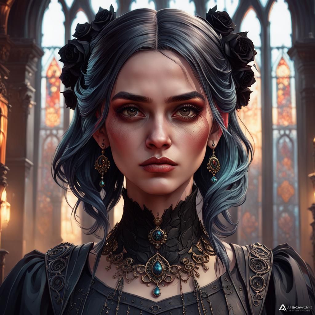 Gothic Teenage Girl Portrait in Detailed Splash Art