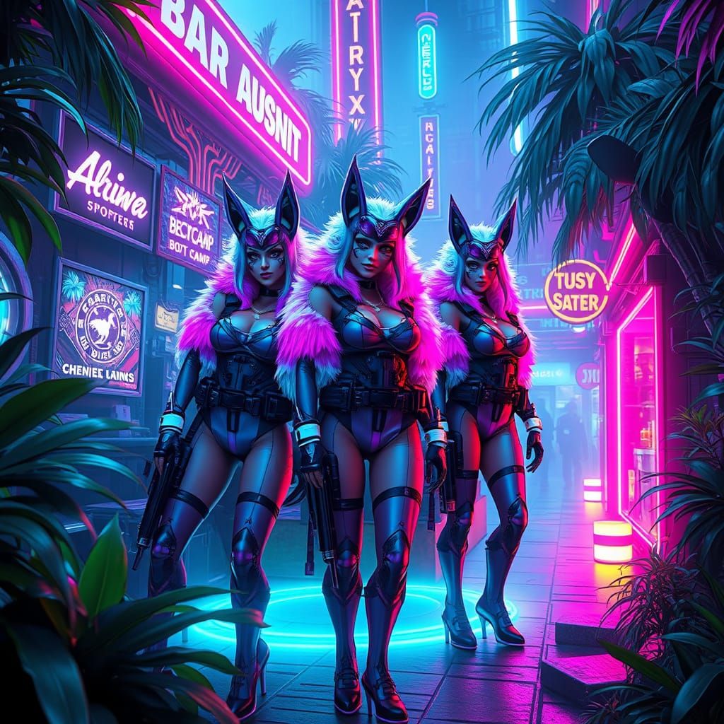 Futuristic Vixens Constructing a Neon-Lit Bar at Charity Boo...