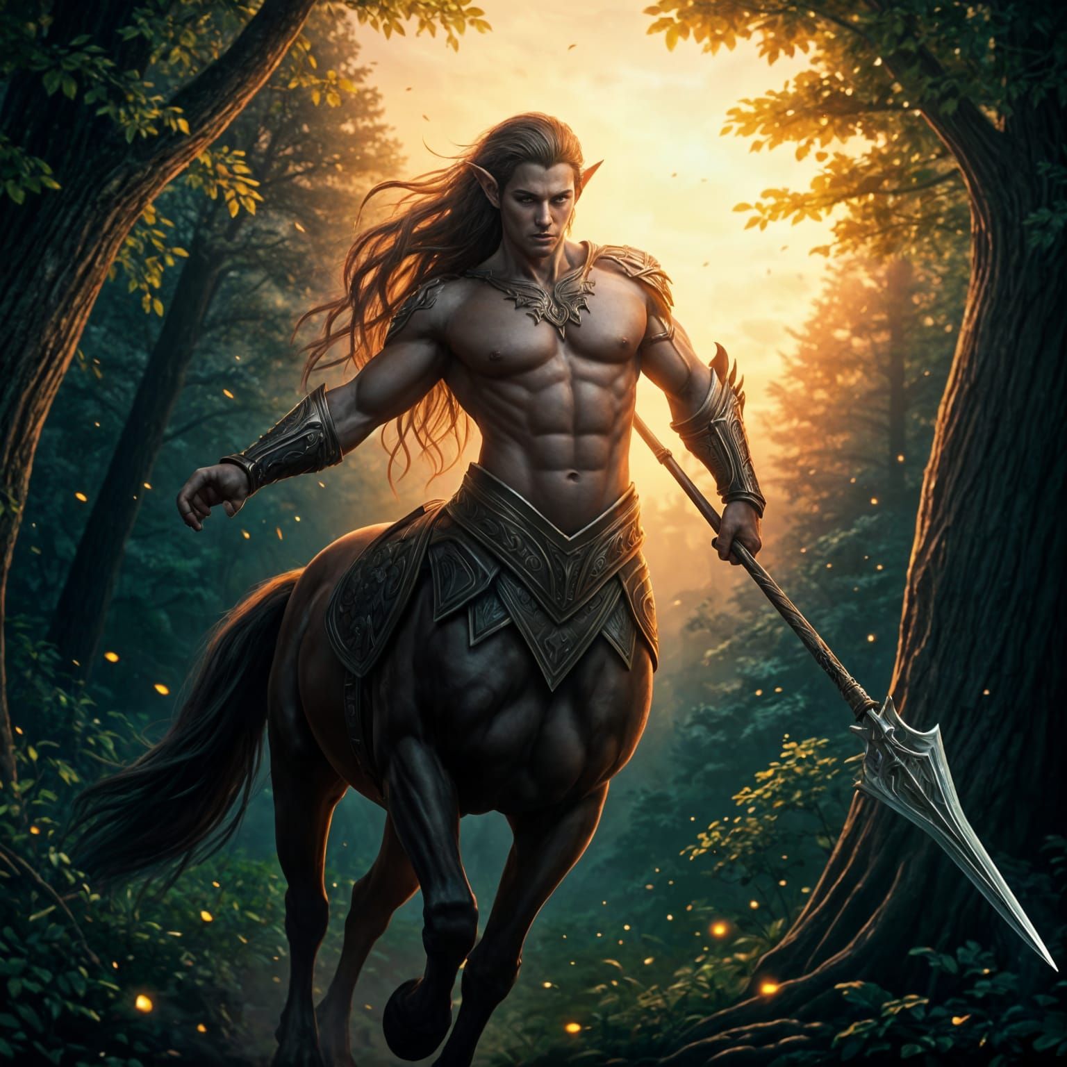 Centaur Warrior Galloping Through Enchanted Forest