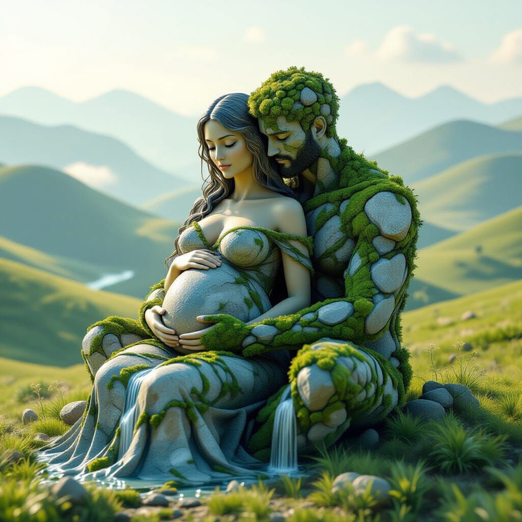 Surreal Harmony: Pregnant Goddess & Stone Figure