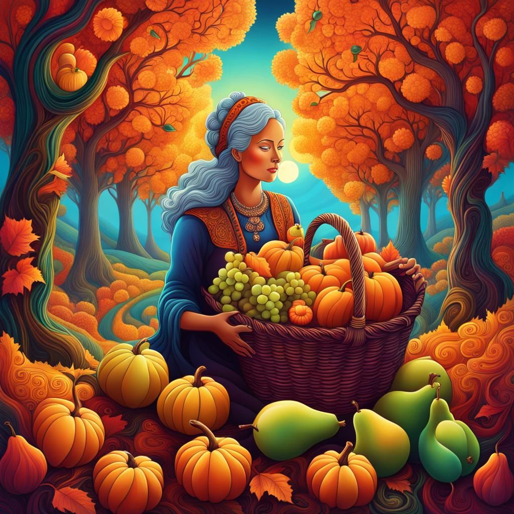 Abundant Autumn Harvest with Grandmother, Abstract Vector