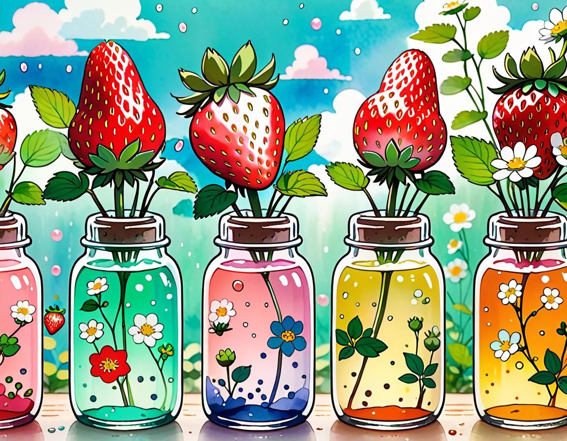 Strawberry Plants in Glass Bottles, Ghibli Style
